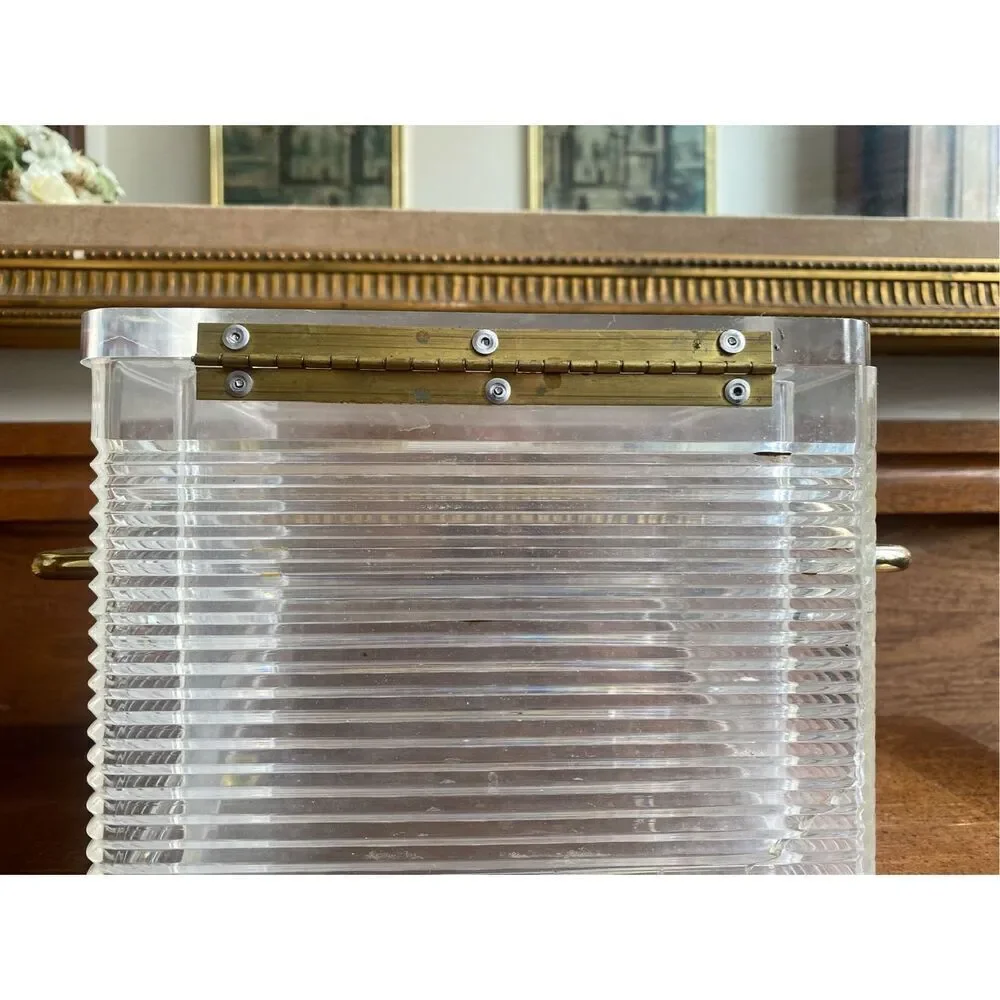 Mid Century Modern Ribbed Rectangle Lucite Handled Ice Bucket with Insert